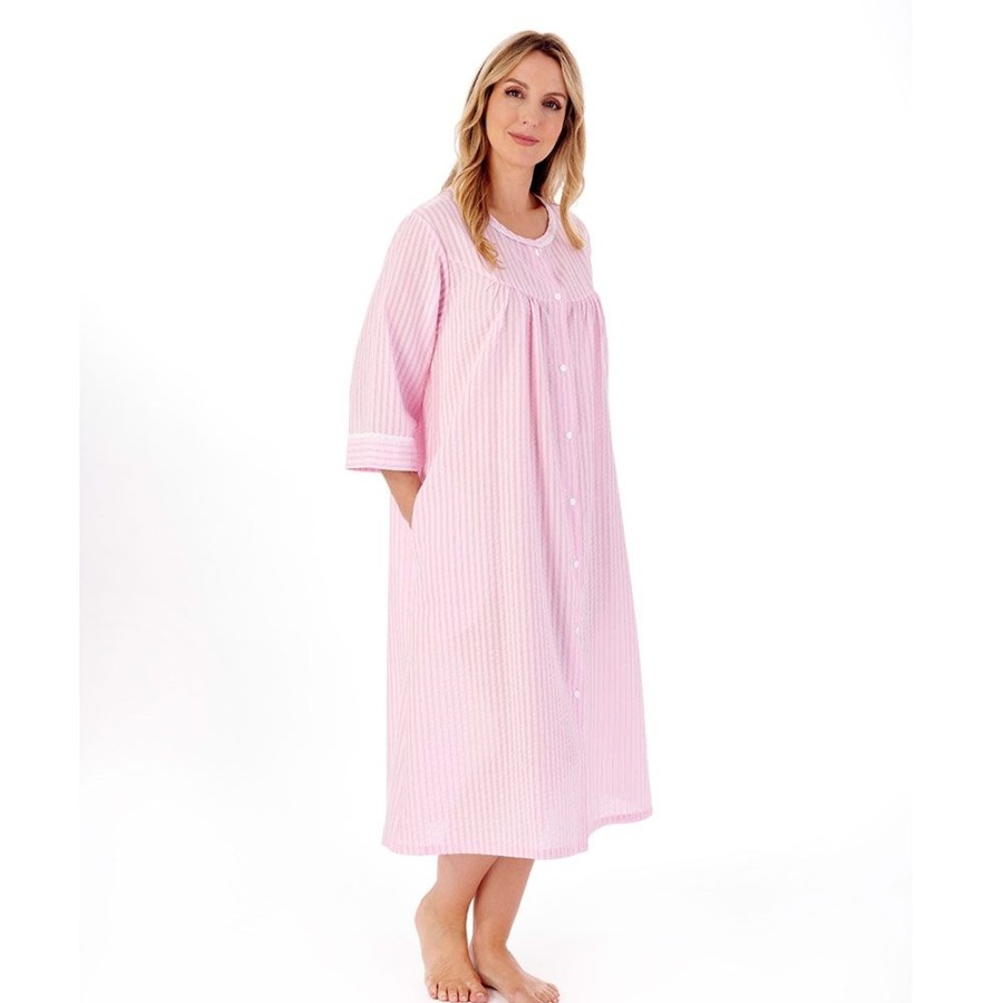 Nightwear Slenderella | Seersucker 3/4 Sleeve Popper Front Gathered Yoke 45 Inch Housecoat - Hc01227