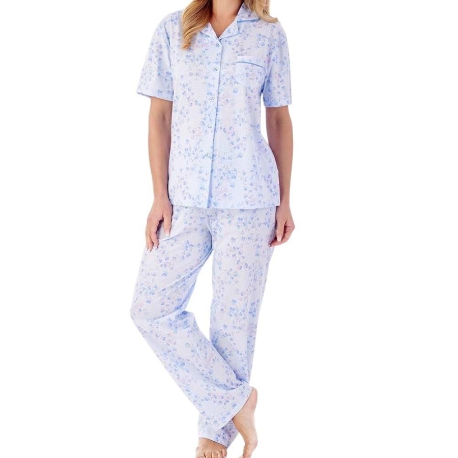 Nightwear Slenderella | Pansy Short Sleeve Buttoned Tailored Cotton Pyjama Set - Pj01104 Blue