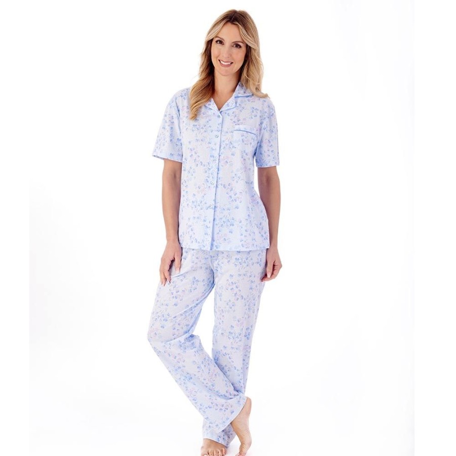 Nightwear Slenderella | Pansy Short Sleeve Buttoned Tailored Cotton Pyjama Set - Pj01104 Blue