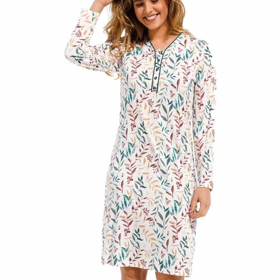 Nightwear Pastunette | Autumn Leaves Long Sleeve Nightdress - 15212-368-4 Green