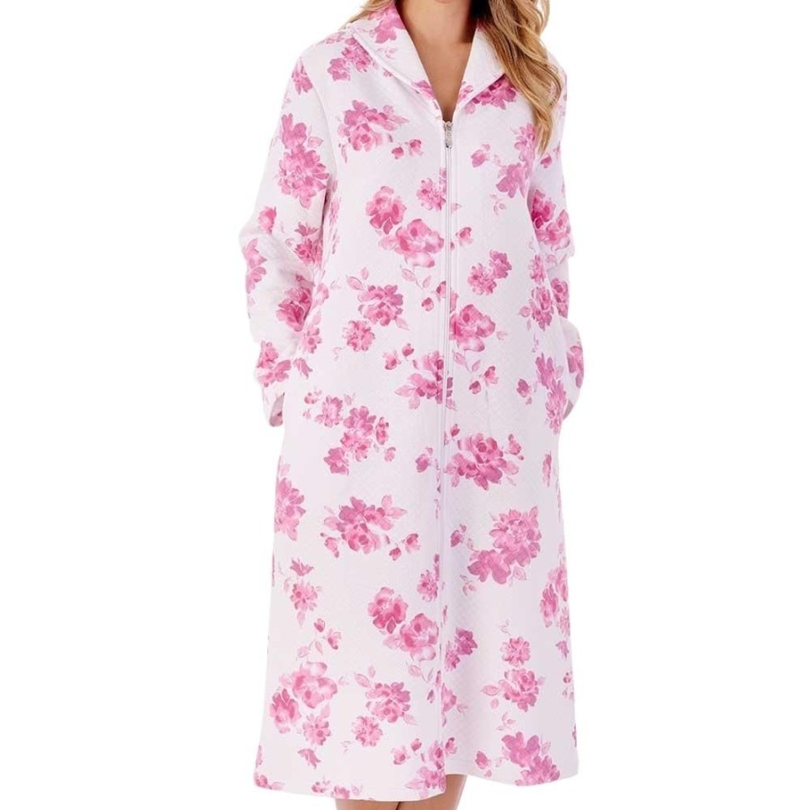 Nightwear Slenderella | Floral Mock Quilt Cotton Rich Zip Housecoat - Hc01317 Pink