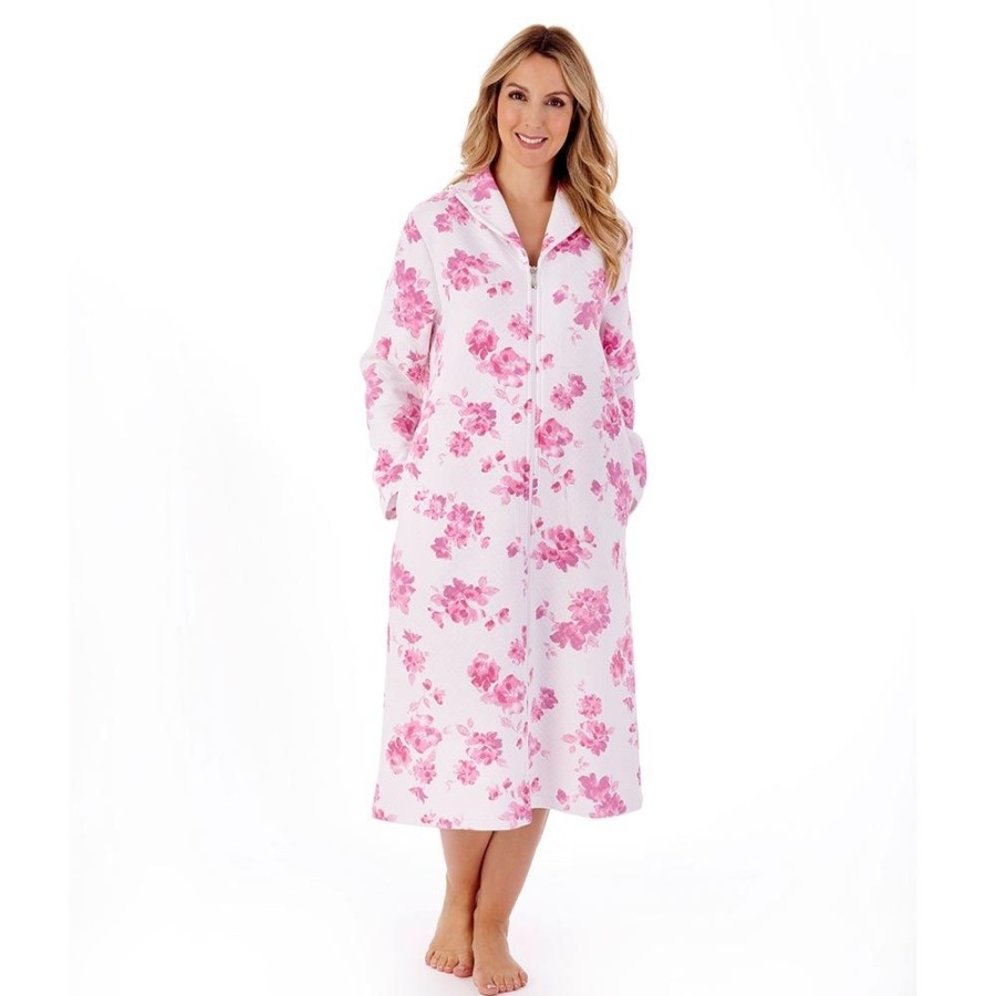 Nightwear Slenderella | Floral Mock Quilt Cotton Rich Zip Housecoat - Hc01317 Pink