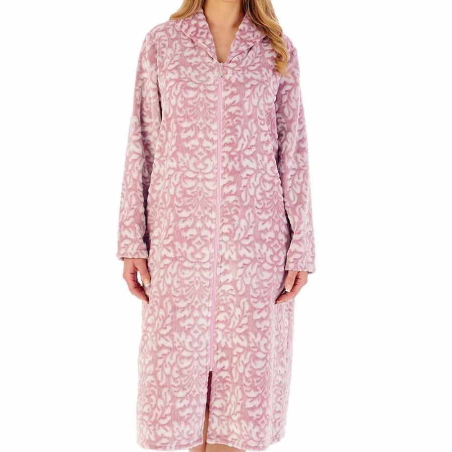 Nightwear Slenderella | Brocade Long Sleeve Zip Opening 46 Inch Housecoat - Hc02332 Pink