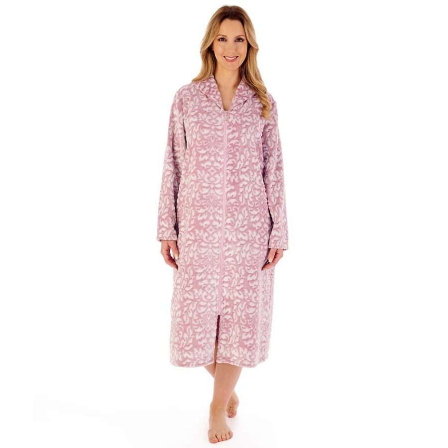 Nightwear Slenderella | Brocade Long Sleeve Zip Opening 46 Inch Housecoat - Hc02332 Pink