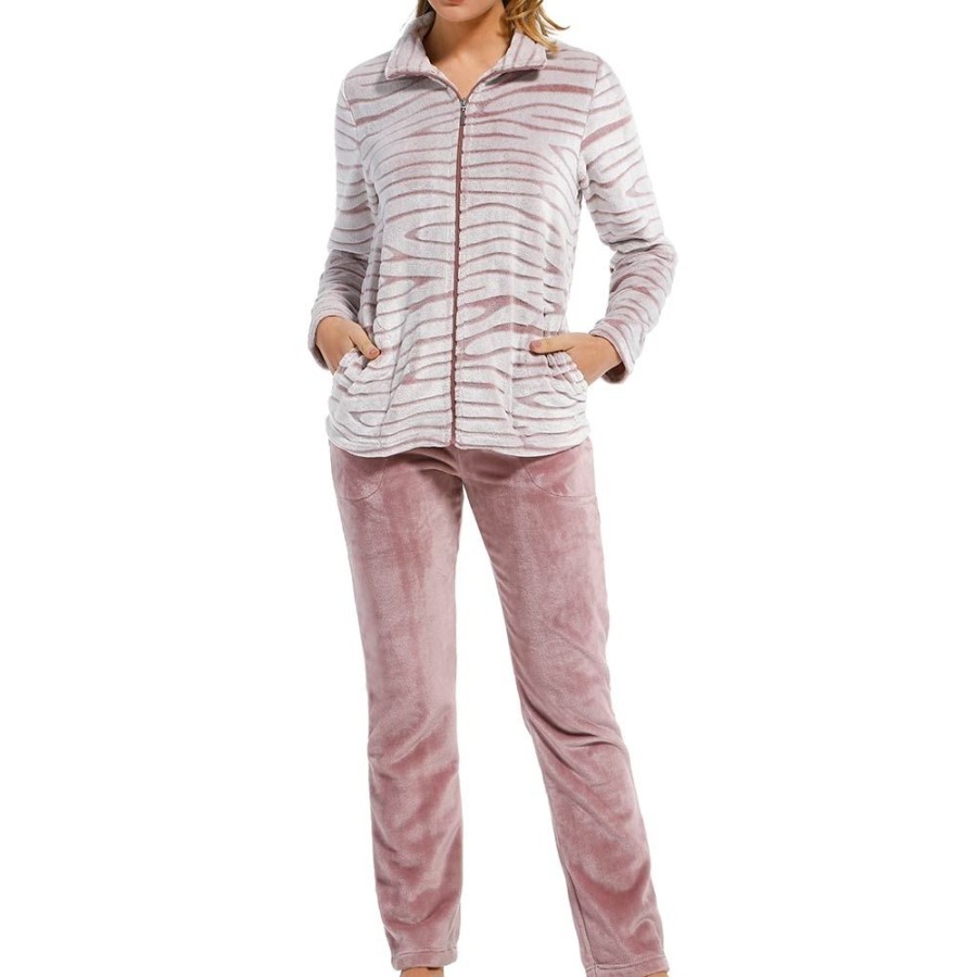 Nightwear Pastunette | Tiger Stripes Zip Opening Pyjama Loungewear Set - 80212-107-8 Snow