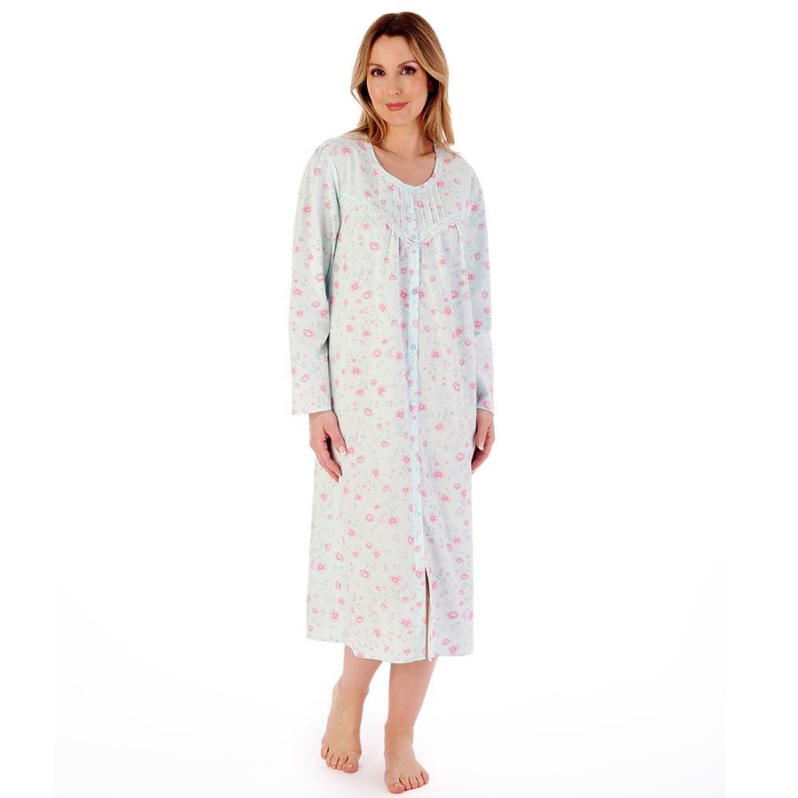 Nightwear Slenderella | Spring Flowers Long Sleeve Button Through Cotton 45 Inch Nightdress - Nd02202