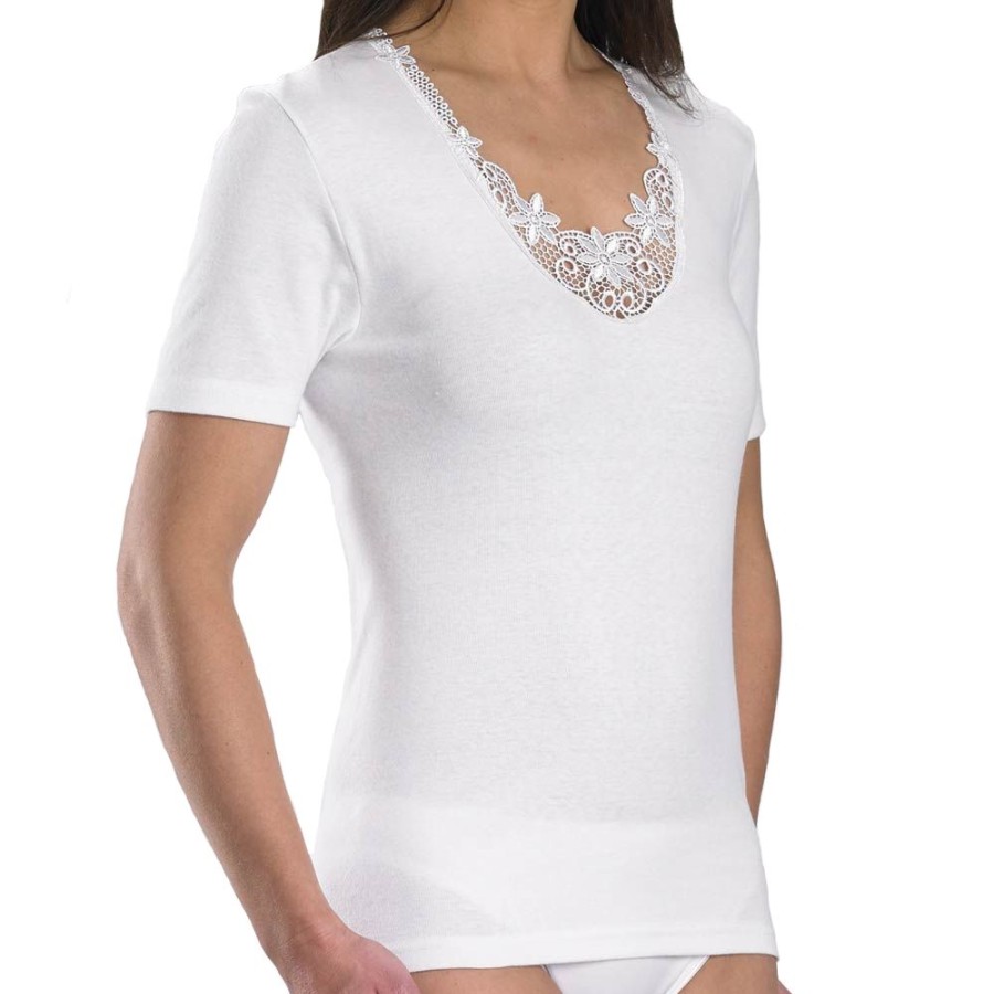 Lingerie Slenderella | Embroidered Motif Short Sleeve Cotton Vest - V22 White