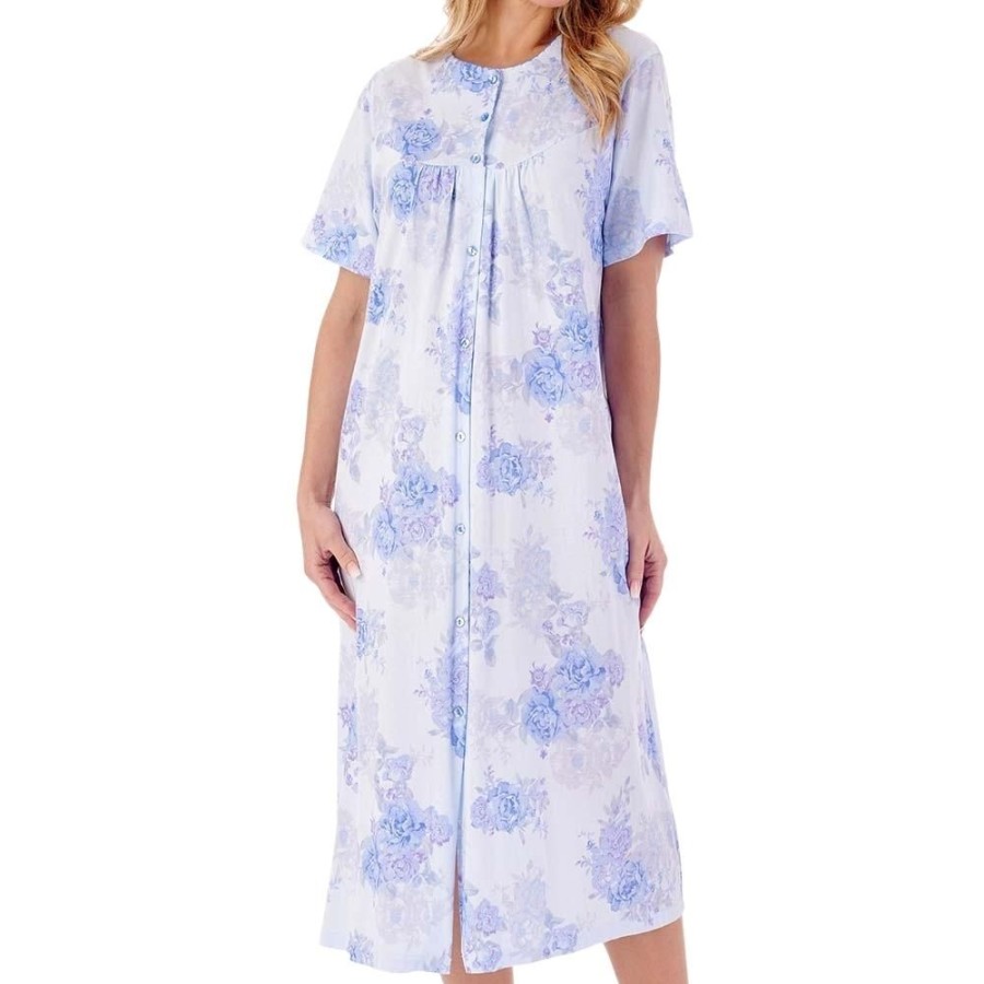 Nightwear Slenderella | Large Floral Short Sleeve 46 Inch Button Through Cotton Nightdress - Nd01133