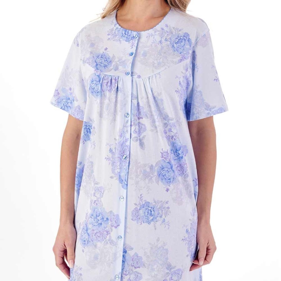 Nightwear Slenderella | Large Floral Short Sleeve 46 Inch Button Through Cotton Nightdress - Nd01133