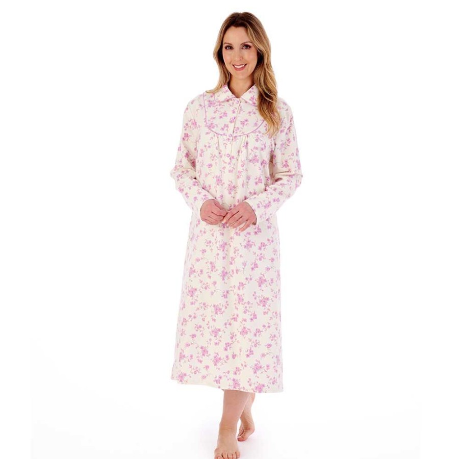 Nightwear Slenderella | Floral Brushed Cotton Buttoned Top Collar 45 Inch Nightdress - Nd02211