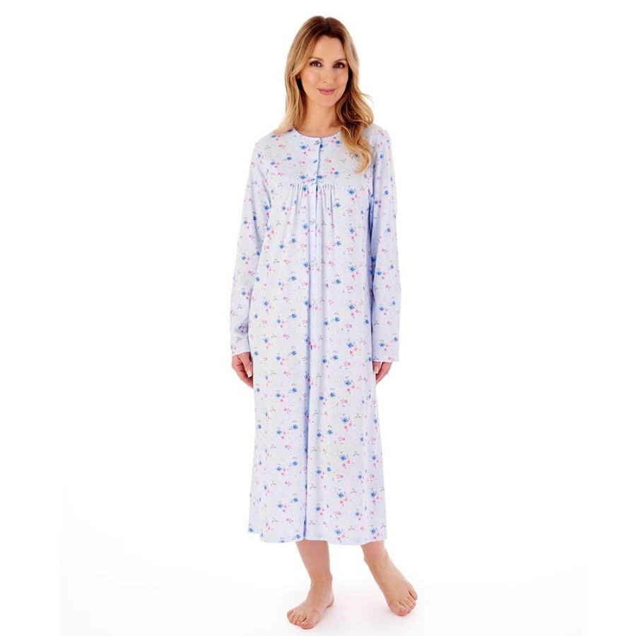 Nightwear Slenderella | Spring Garden Long Sleeve Button Through Cotton 46 Inch Nightdress - Nd02108