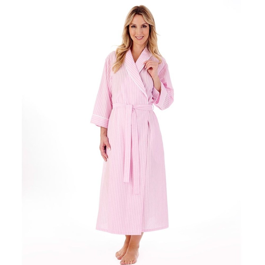 Nightwear Slenderella | Seersucker 3/4 Sleeve Lightweight Belted Wrap 48 Inch Housecoat - Hc01228