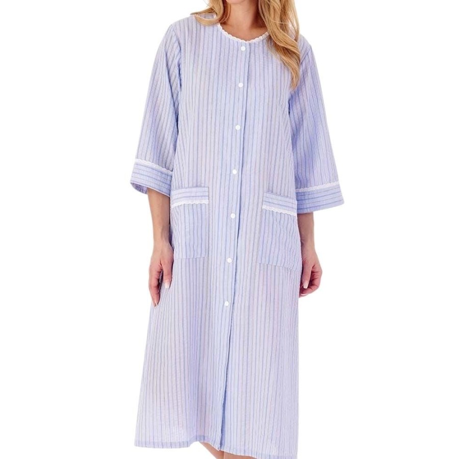 Nightwear Slenderella | Seersucker 3/4 Sleeve Popper Front 45 Inch Housecoat - Hc01226