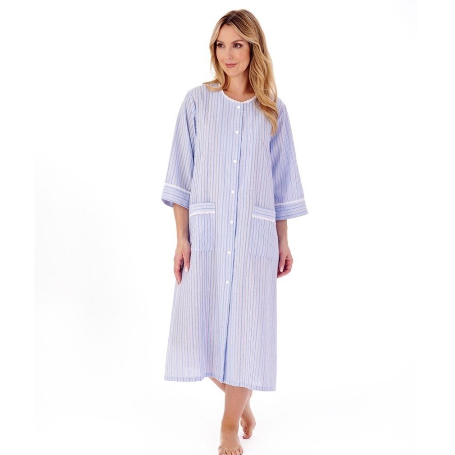 Nightwear Slenderella | Seersucker 3/4 Sleeve Popper Front 45 Inch Housecoat - Hc01226