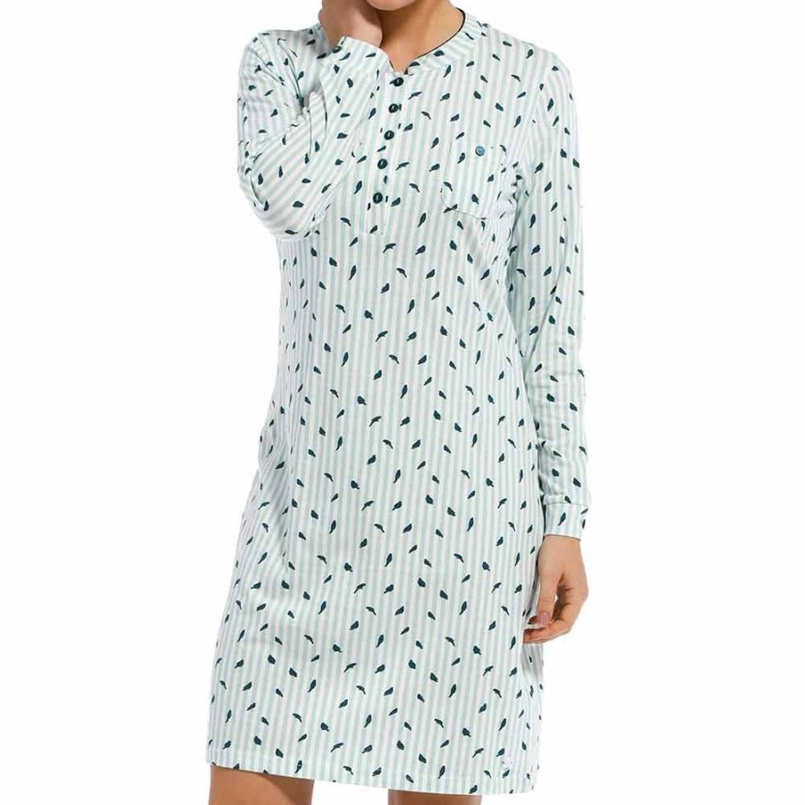 Nightwear Pastunette | Green Birds Long Sleeve Organic Cotton Nightdress - 10212-145-4 Turquoise