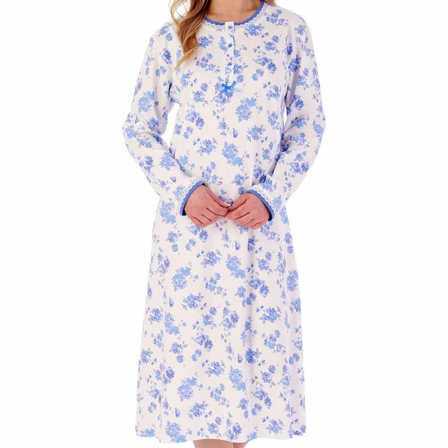 Nightwear Slenderella | Floral Print Interlock Long Sleeve Cotton 45 Inch Nightdress - Nd02126