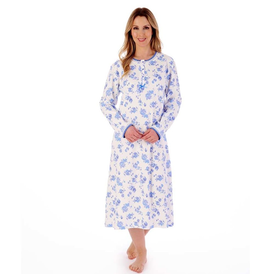 Nightwear Slenderella | Floral Print Interlock Long Sleeve Cotton 45 Inch Nightdress - Nd02126