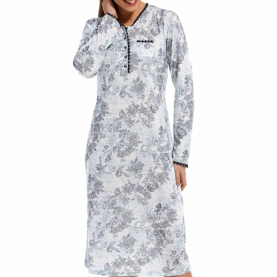 Nightwear Pastunette | Dutch Floral Long Sleeve 43 Inch Nightdress - 10212-158-4 Snow