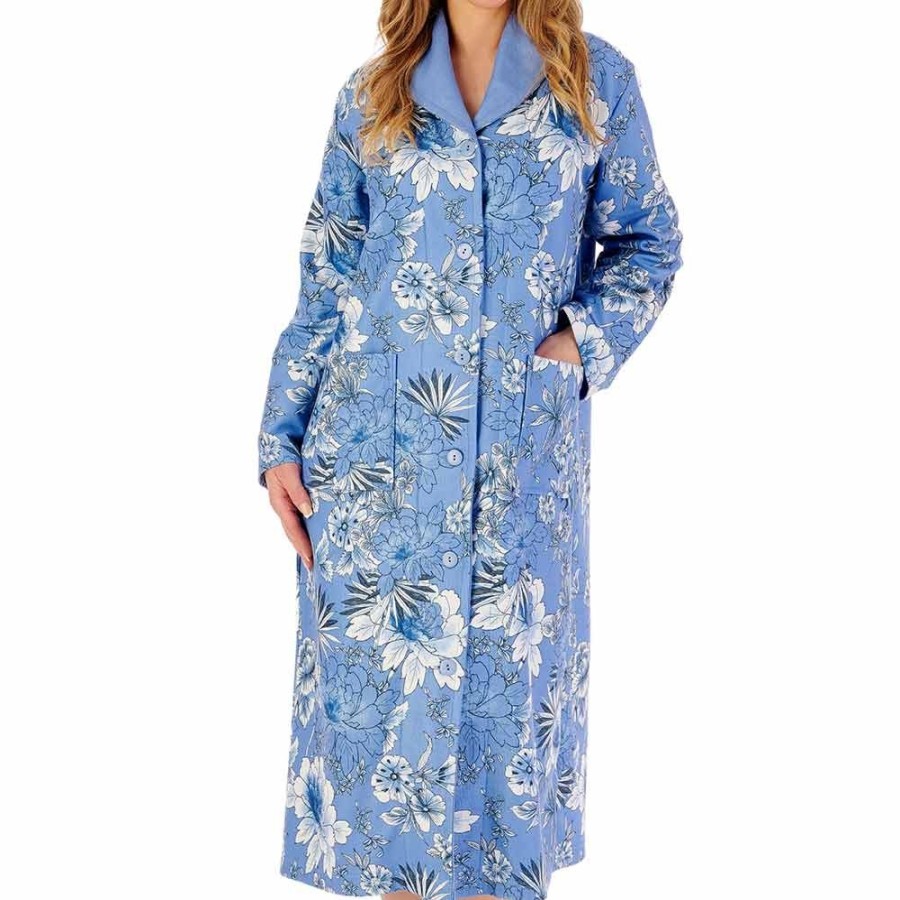 Nightwear Slenderella | Floral Print Luxury Bamboo Button Through 46 Inch Housecoat - Hc02351 Blue