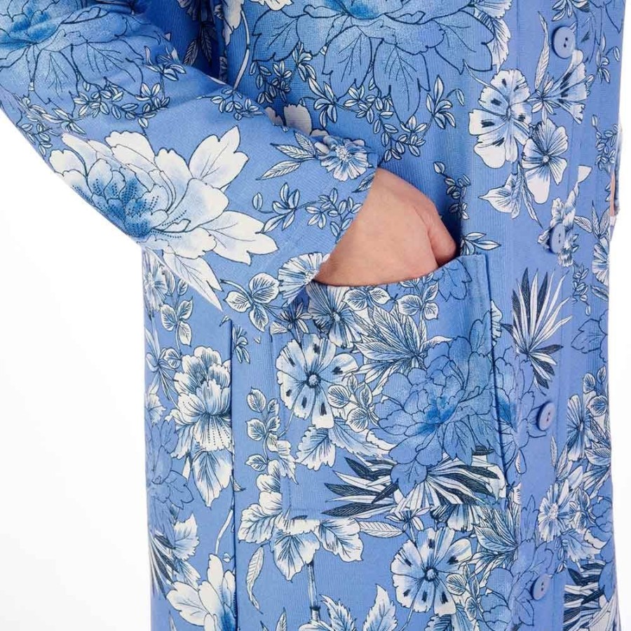 Nightwear Slenderella | Floral Print Luxury Bamboo Button Through 46 Inch Housecoat - Hc02351 Blue