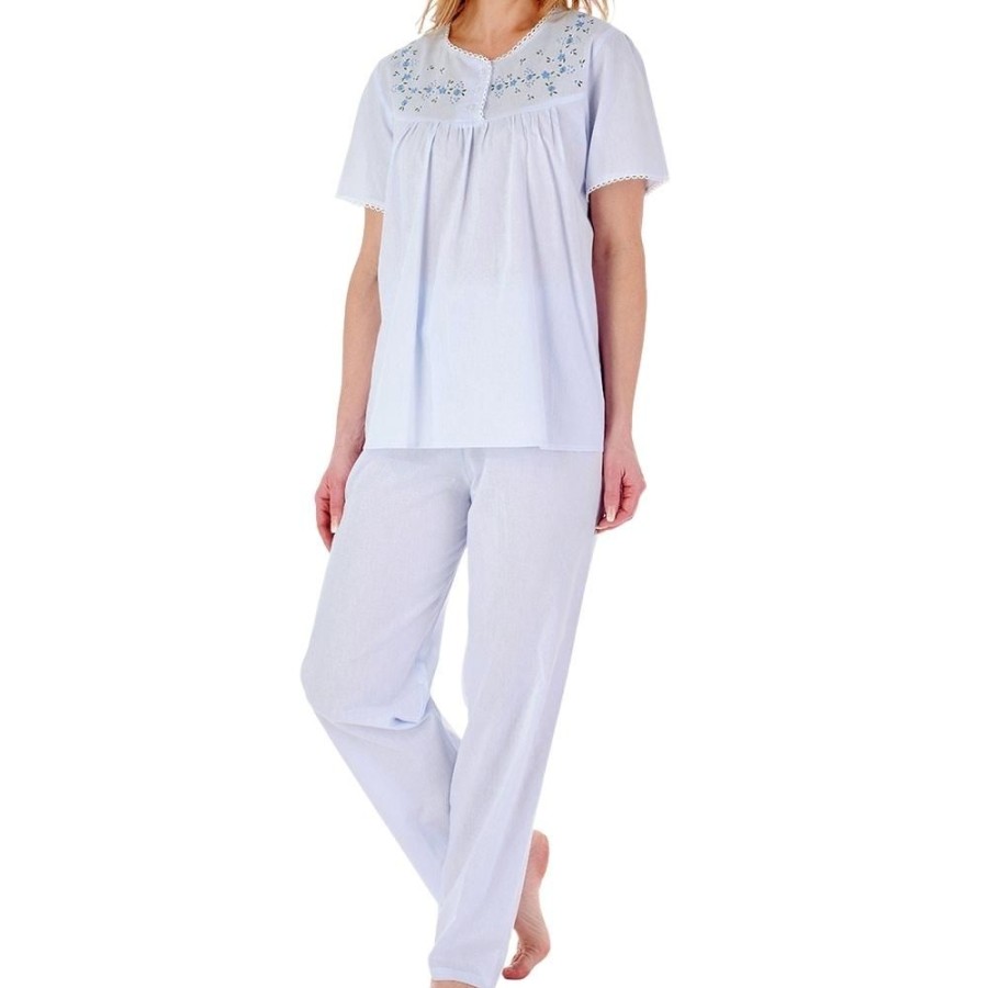 Nightwear Slenderella | Classic Embroidered Yoke Short Sleeve Cotton Pyjamas - Pj3271