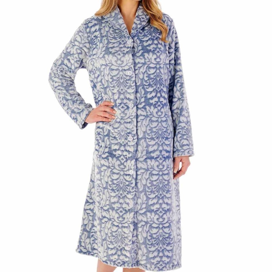 Nightwear Slenderella | Brocade Long Sleeve Button Opening 46 Inch Housecoat - Hc02331 Navy