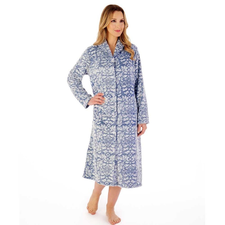 Nightwear Slenderella | Brocade Long Sleeve Button Opening 46 Inch Housecoat - Hc02331 Navy