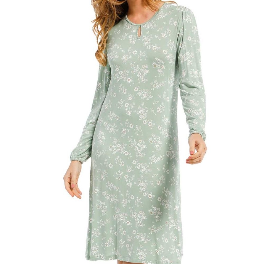 Nightwear Pastunette | Millefleur Long Sleeve 41 Inch Round Neck Nightdress - 15212-326-2 Light Green