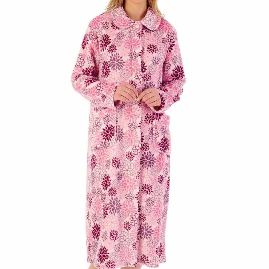 Nightwear Slenderella | Bold Floral Flannel Fleece Button Opening 46 Inch Housecoat - Hc02311 Pink