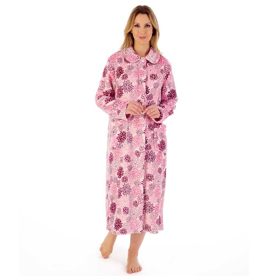 Nightwear Slenderella | Bold Floral Flannel Fleece Button Opening 46 Inch Housecoat - Hc02311 Pink