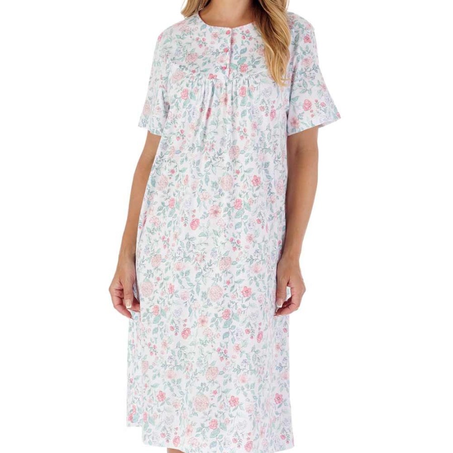 Nightwear Slenderella | Hedgerow Flowers Short Sleeve 42 Inch Cotton Nightdress - Nd03132 Pink