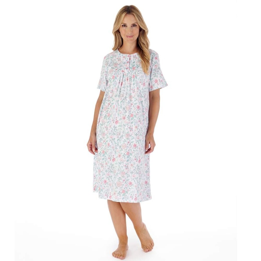 Nightwear Slenderella | Hedgerow Flowers Short Sleeve 42 Inch Cotton Nightdress - Nd03132 Pink