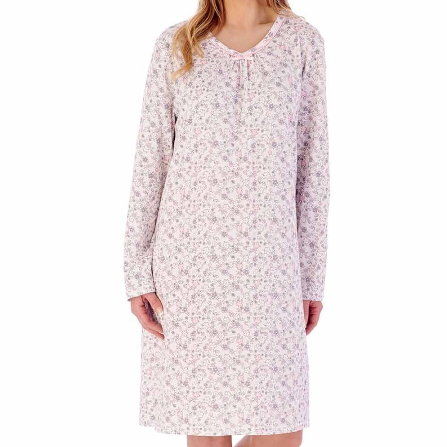 Nightwear Slenderella | Sketch Floral Long Sleeve Cotton 38 Inch Nightdress - Nd02100