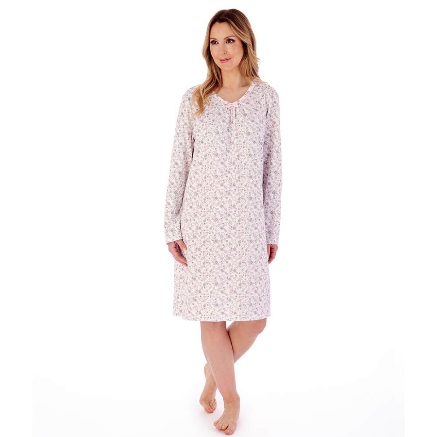 Nightwear Slenderella | Sketch Floral Long Sleeve Cotton 38 Inch Nightdress - Nd02100