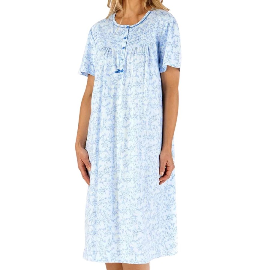 Nightwear Slenderella | Rose Garden Short Sleeve Cotton Jersey 42 Inch Nightdress - Nd66101 Blue