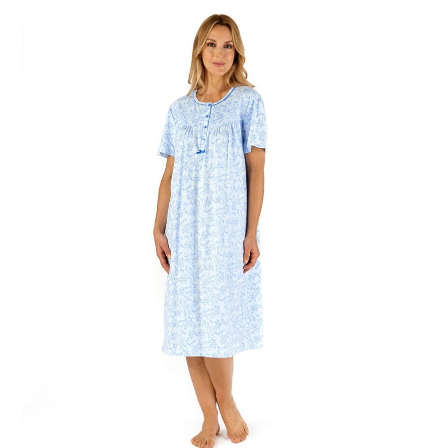 Nightwear Slenderella | Rose Garden Short Sleeve Cotton Jersey 42 Inch Nightdress - Nd66101 Blue