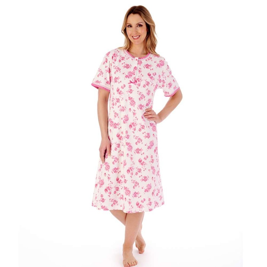 Nightwear Slenderella | Floral Print Interlock Short Sleeve Cotton 42 Inch Nightdress - Nd02125