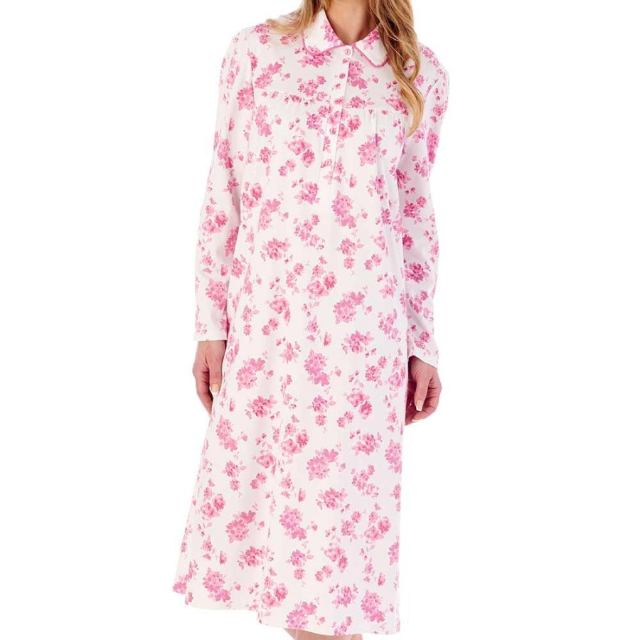 Nightwear Slenderella | Floral Print Interlock Long Sleeve Buttoned Top Cotton 45 Inch Nightdress - Nd02127