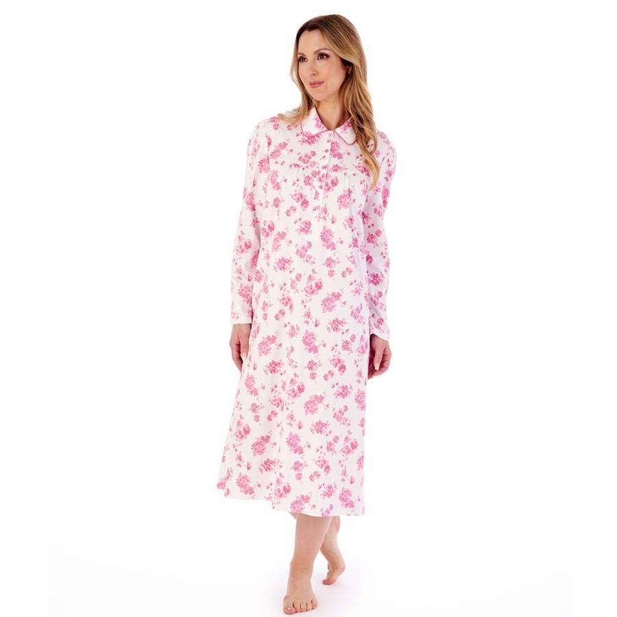 Nightwear Slenderella | Floral Print Interlock Long Sleeve Buttoned Top Cotton 45 Inch Nightdress - Nd02127