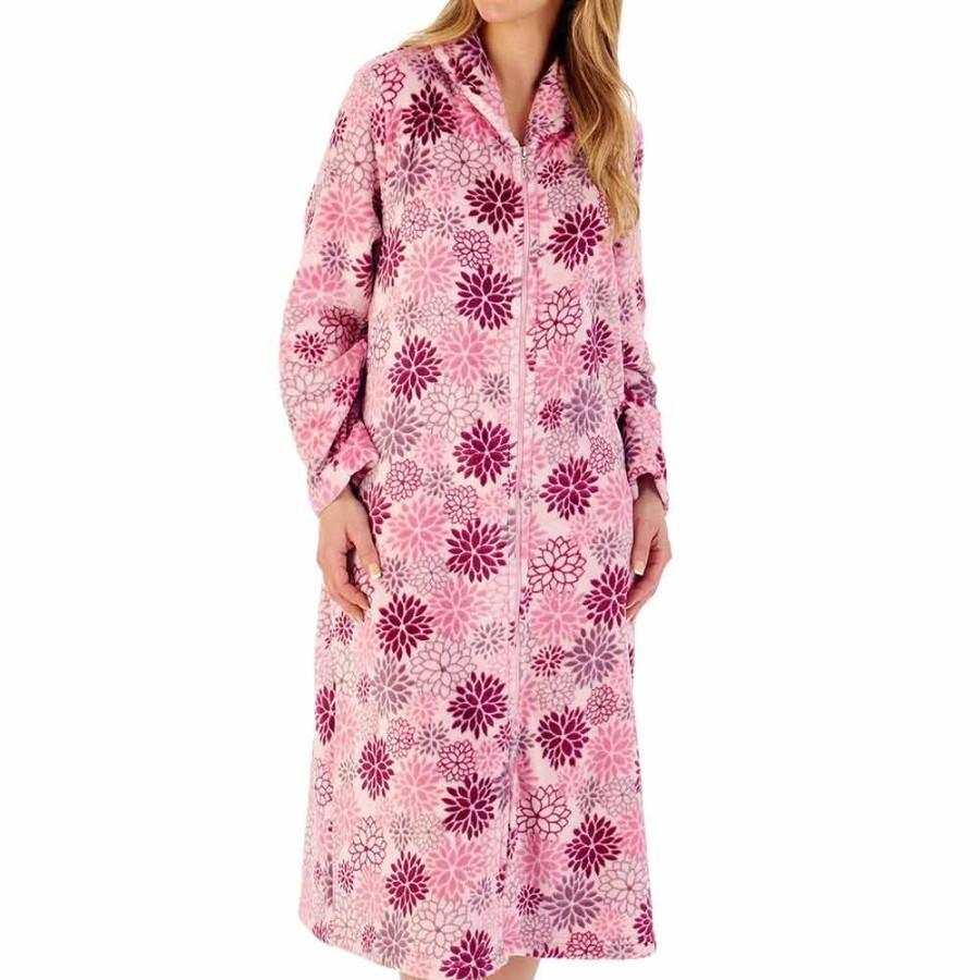 Nightwear Slenderella | Bold Floral Flannel Fleece Zip Opening 46 Inch Housecoat - Hc02312 Pink