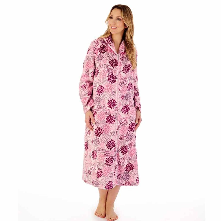 Nightwear Slenderella | Bold Floral Flannel Fleece Zip Opening 46 Inch Housecoat - Hc02312 Pink