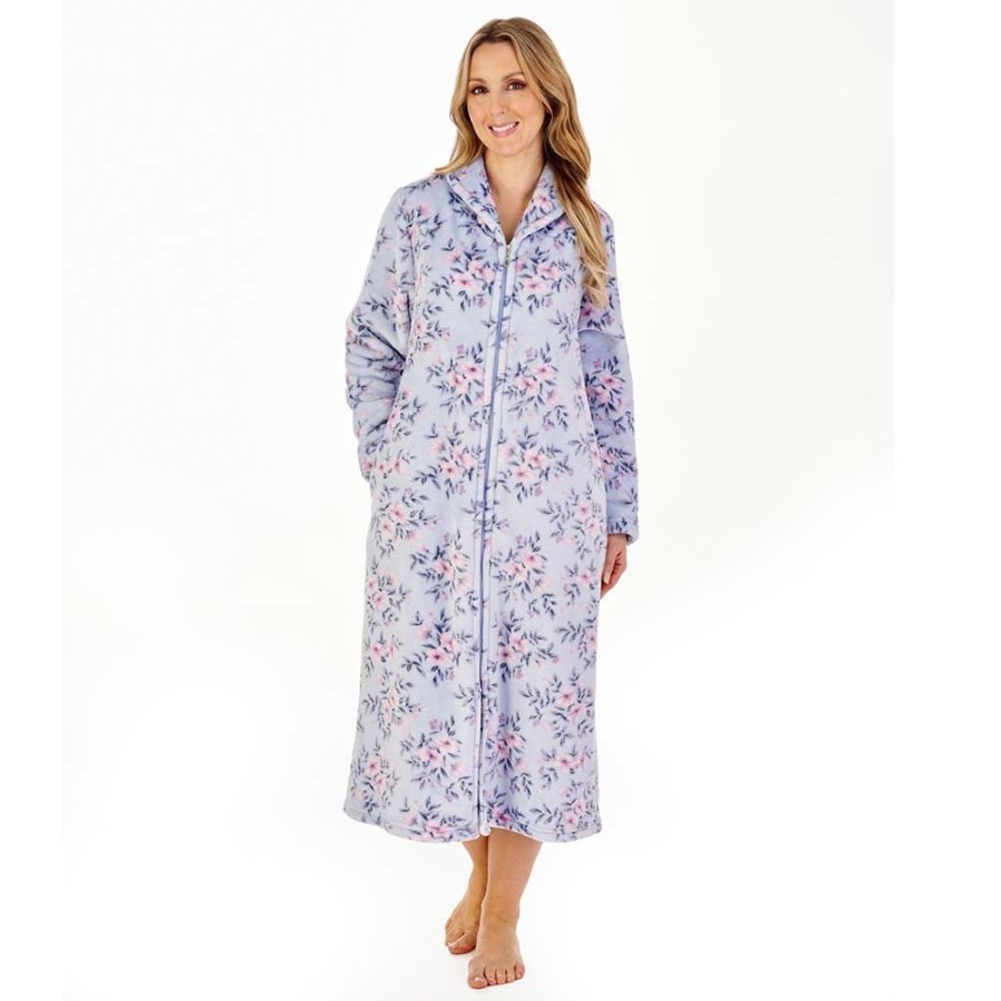 Nightwear Slenderella | Aconite Zipped Front Flannel Fleece 46 Inch Housecoat - Hc04312